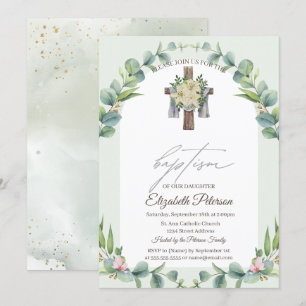 Floral Wood Cross Baptism Invitation