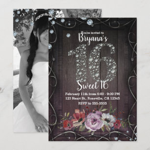 Floral Wood Diamond Bling 16 Birthday Party Photo Invitation