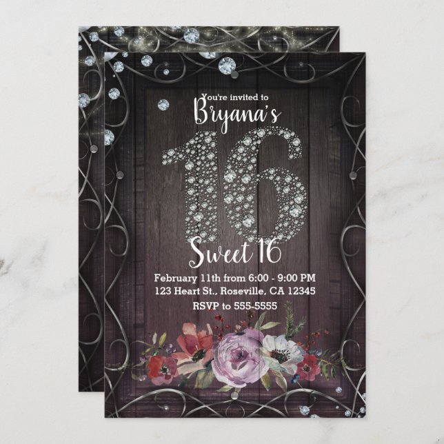 Floral Wood Diamond Bling 16 Birthday Party Photo Invitation (Front/Back)