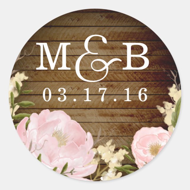 Floral Wood Look Monogram Wedding Sticker (Front)