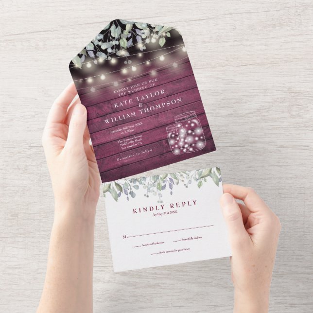 Floral Wood Mason Jars Lights Monogram Wedding All In One Invitation (Tearaway)