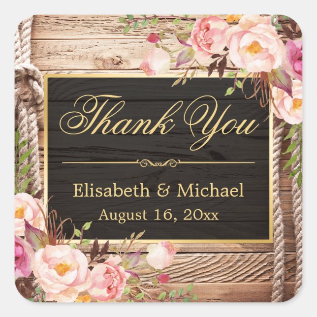 Floral Wood Rustic Country Gold Frame Thank You Square Sticker (Front)