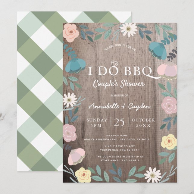 Floral Wood Rustic I Do BBQ Couples Shower Invitation (Front/Back)
