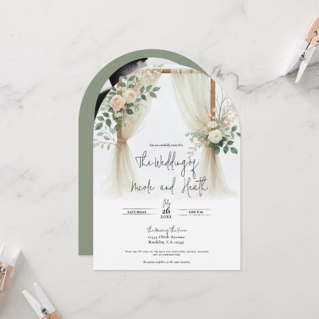 Floral Wooden Arch Greenery Roses Rustic Wedding Invitation (Front/Back In Situ)