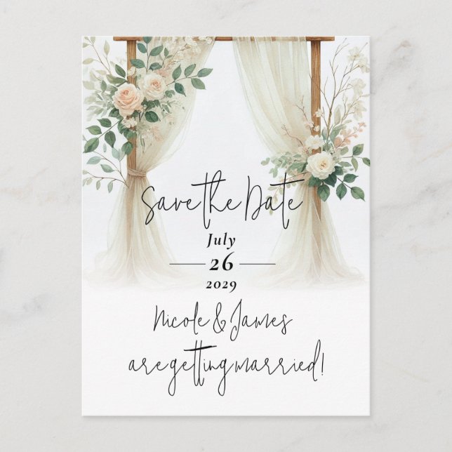 Floral Wooden Arch Greenery Roses Save the Date Announcement Postcard (Front)