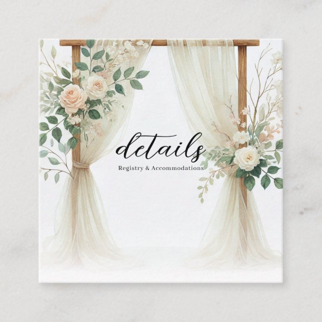 Floral Wooden Arch Greenery Roses Wedding Details Square Business Card (Front)