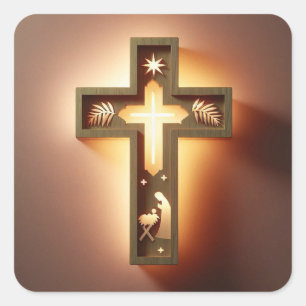 Floral Wooden Cross Night Light – Ai design Square Sticker