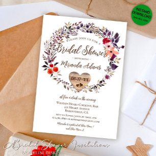 Floral Wooden Heart Rustic Bridal Shower Invitation