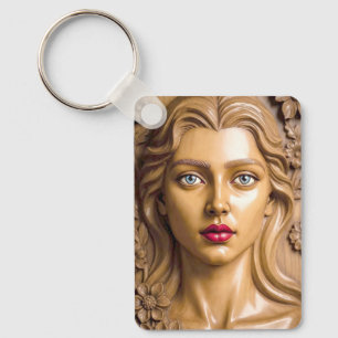 Floral Wooden Portrait of an Elegant Woman Key Ring