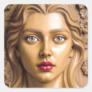 Floral Wooden Portrait of an Elegant Woman Square Sticker