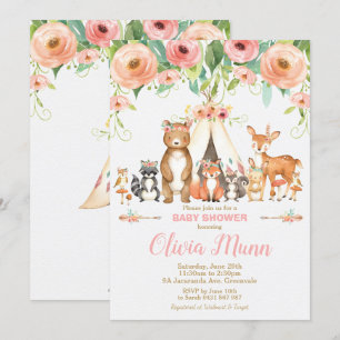 Floral Woodland Animals Baby Shower Forest Girl Invitation