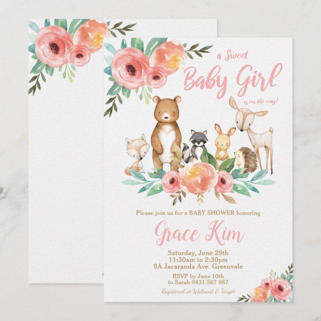 Floral Woodland Animals Baby Shower Forest Girl Invitation (Front/Back)