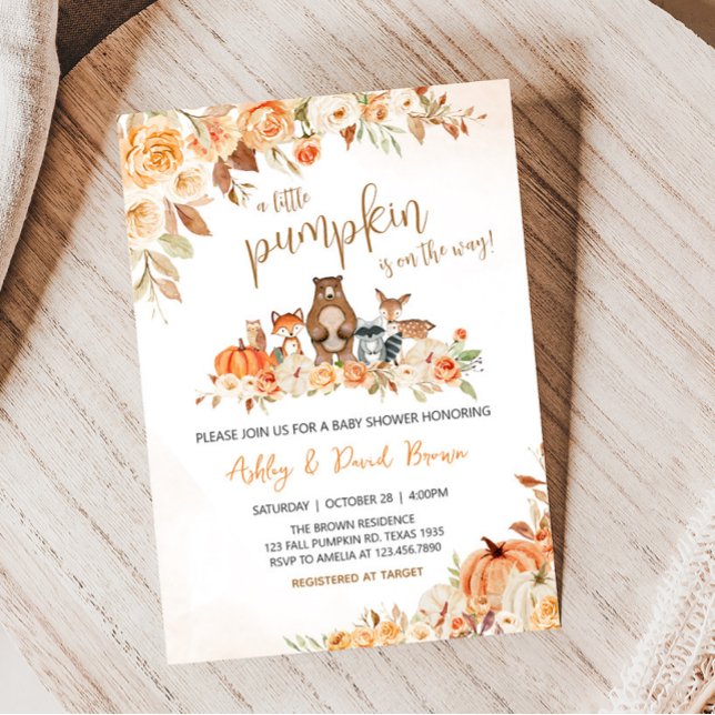Floral Woodland Animals Baby Shower Invitation (Orange Pumpkin Floral Woodland Baby Shower Invitation)