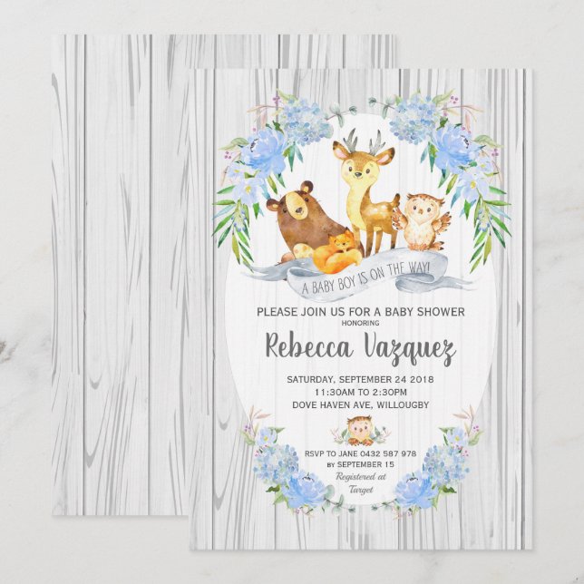 Floral Woodland Animals Baby Shower Invitation Boy (Front/Back)