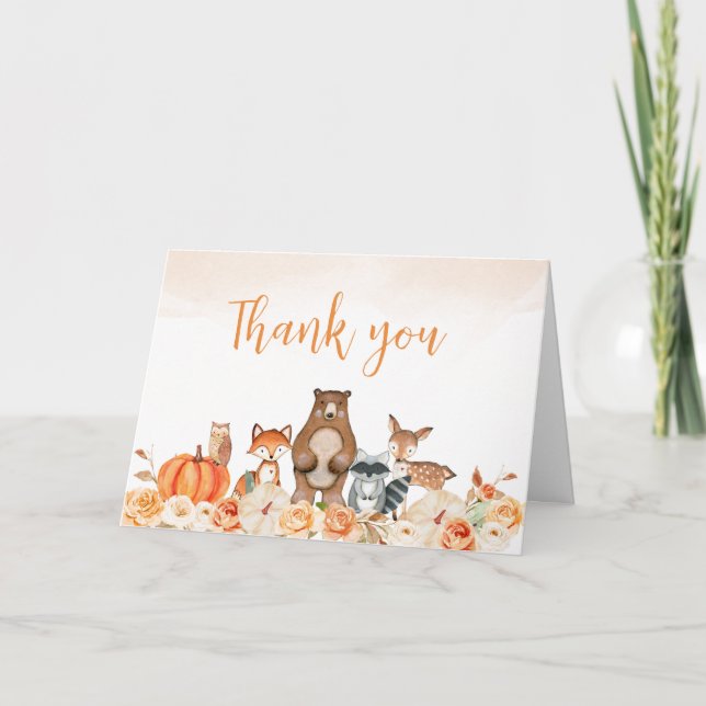 Floral Woodland Animals Baby Shower Thank You Card (Front)