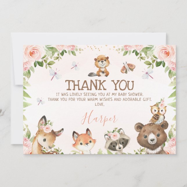 Floral Woodland Animals Baby Shower Thank You Card (Front)