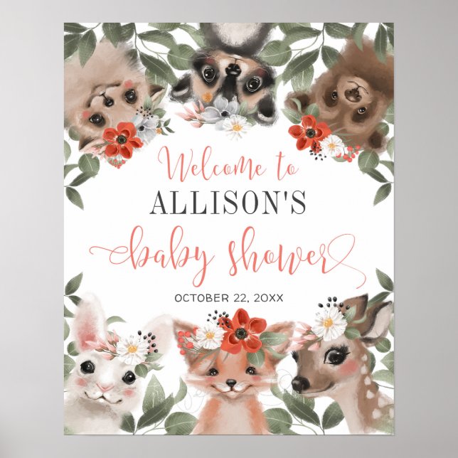 Floral Woodland animals baby shower welcome sign (Front)