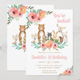 Floral Woodland Animals Birthday Party Forest Girl Invitation