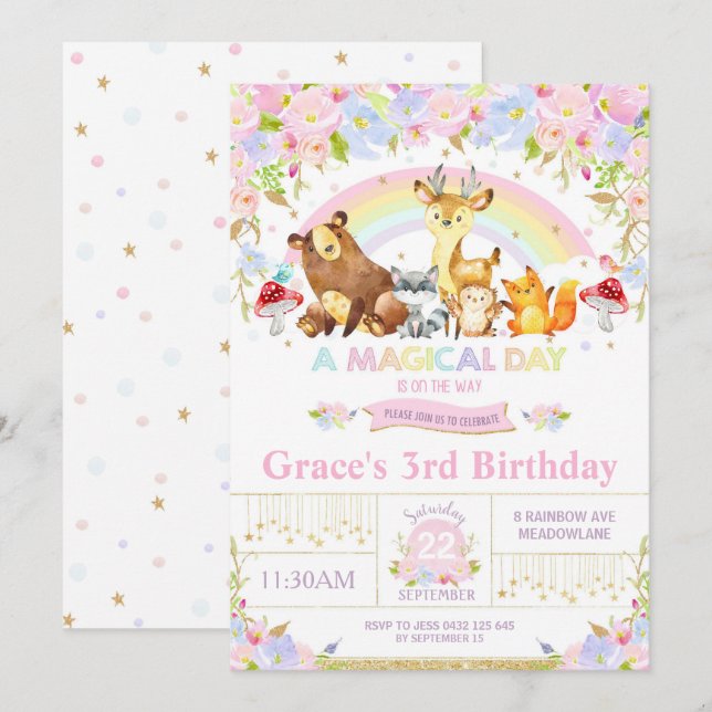 Floral Woodland Animals Birthday Party Invitation (Front/Back)