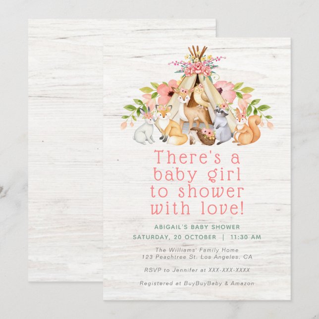 Floral Woodland Animals Camping Girl Baby Shower Invitation (Front/Back)