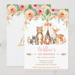 Floral Woodland Animals Forest 1st Birthday Girl Invitation