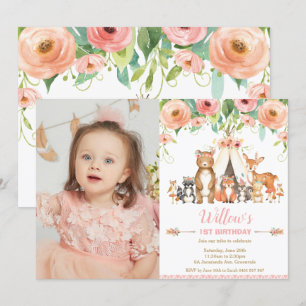 Floral Woodland Animals Forest 1st Birthday Photo Invitation