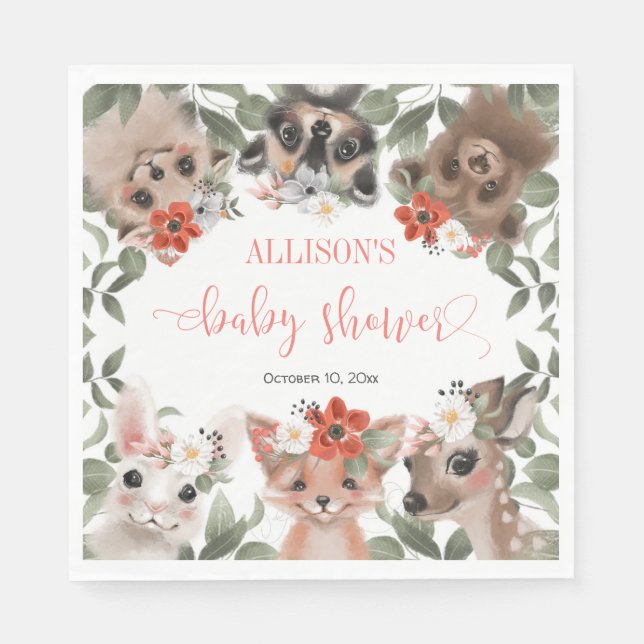 Floral woodland animals forest friends baby shower napkin (Front)
