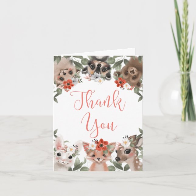 Floral woodland animals forest friends pink white thank you card (Front)