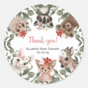 Floral woodland animals forest girl baby shower classic round sticker