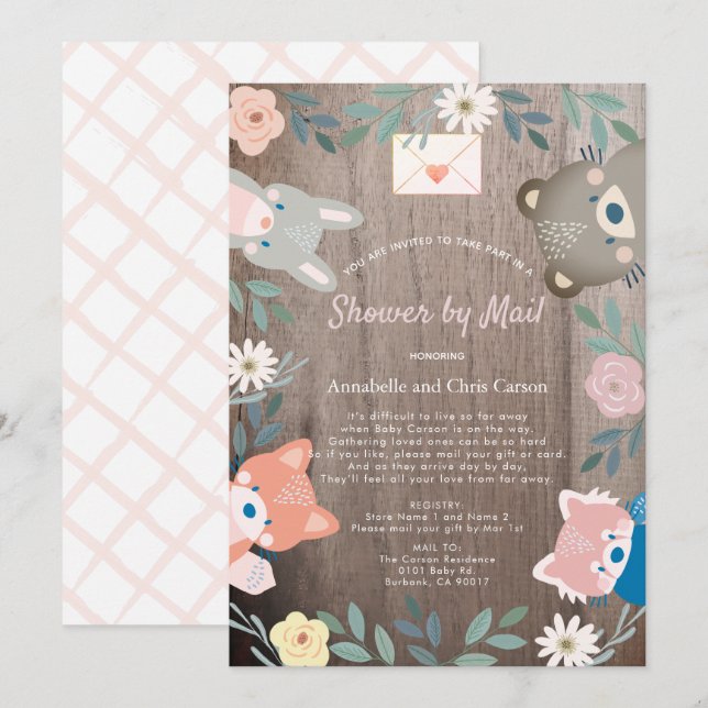 Floral Woodland Animals Pink Baby Shower By Mail Invitation (Front/Back)