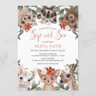 Floral woodland animals Sip and See meet baby girl Invitation