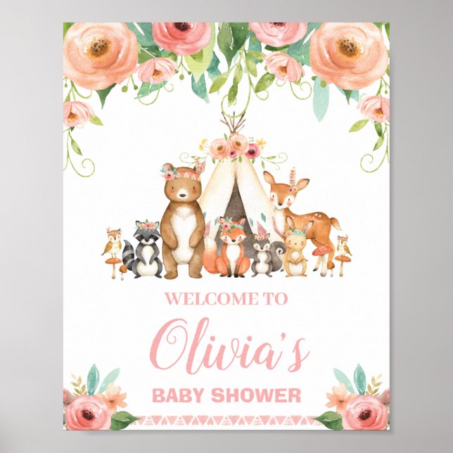 Floral Woodland Baby Shower Birthday Welcome Poster (Front)