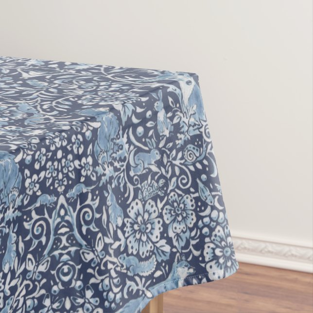 Floral Woodland Blue & White Forest Animal Pattern Tablecloth (In Situ)