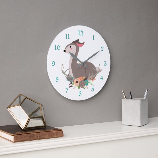Floral Woodland Deer and Antler Large Clock (Office)