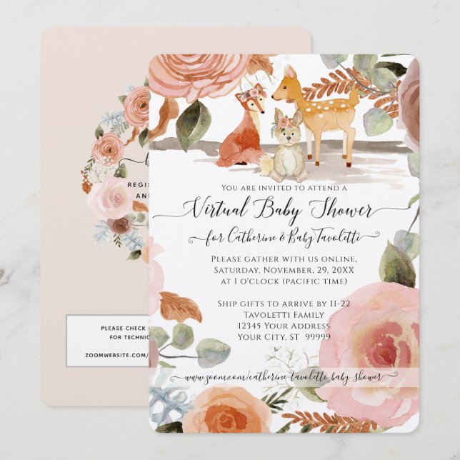 Floral Woodland Deer Fox Baby Girl Virtual Shower Invitation (Front/Back)