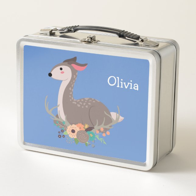 Floral Woodland Deer Personalised Metal Lunch Box (Front)