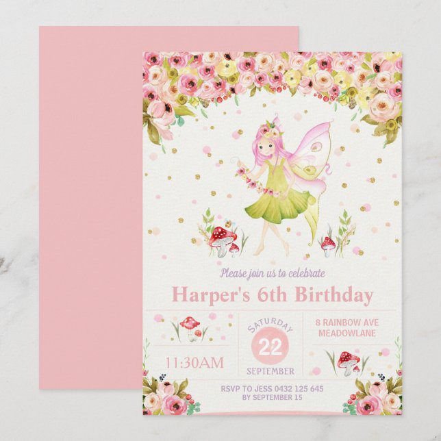 Floral Woodland Fairy Birthday Invitation Girl (Front/Back)