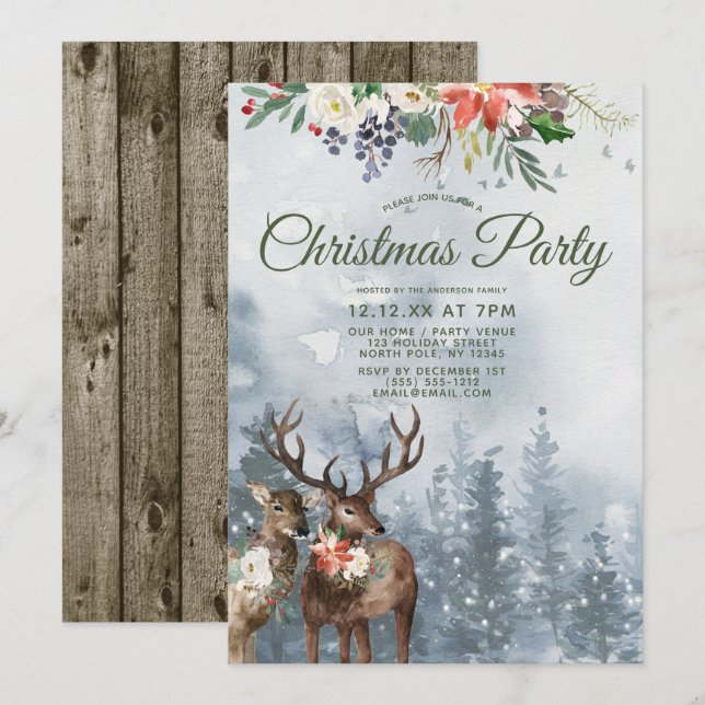 Floral Woodland Forest Animals Christmas Party Invitation (Front/Back)