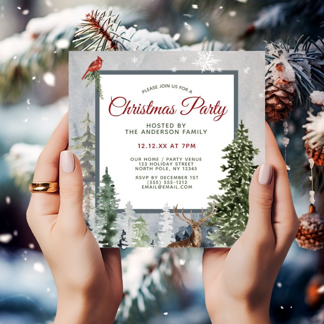 Floral Woodland Forest Animals Christmas Party Invitation (Front of Invitation)
