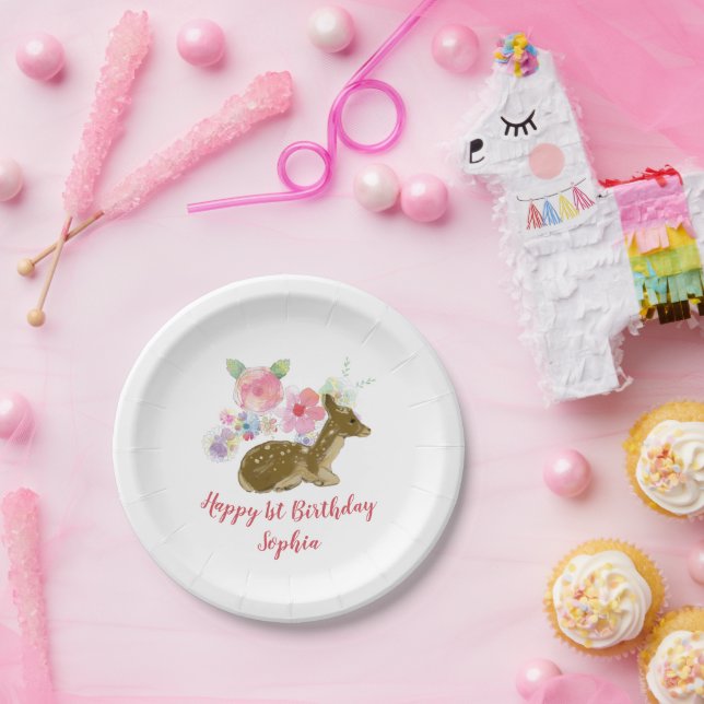 Floral Woodland Girl's 1st Birthday Paper Plate (Party)