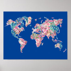 Floral World map Poster