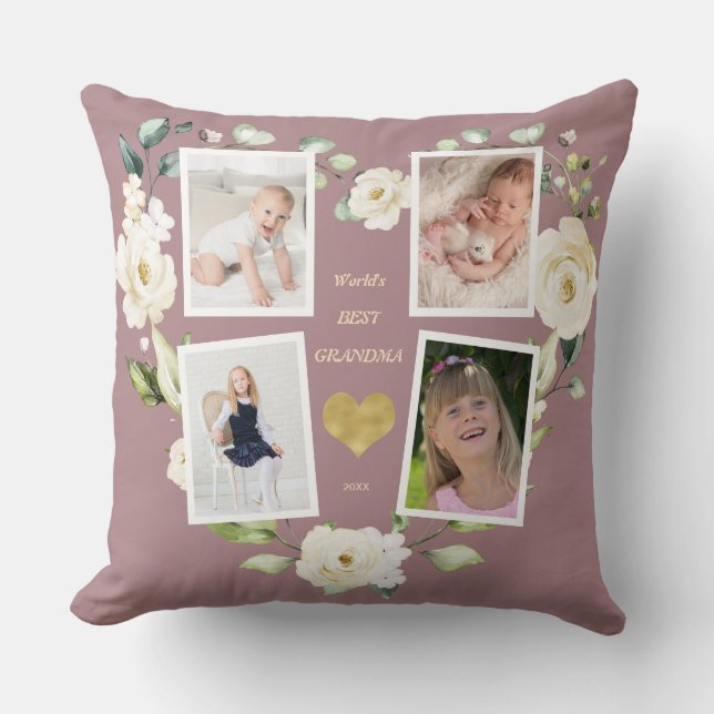 Floral World's Best Grandma Photo Mother's Day Cushion (Front)