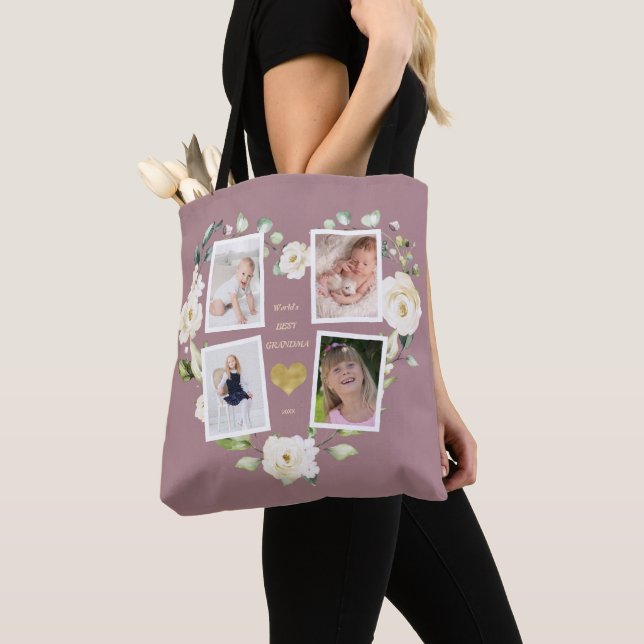 Floral World's Best Grandma Photo Mother's Day Tote Bag (Close Up)