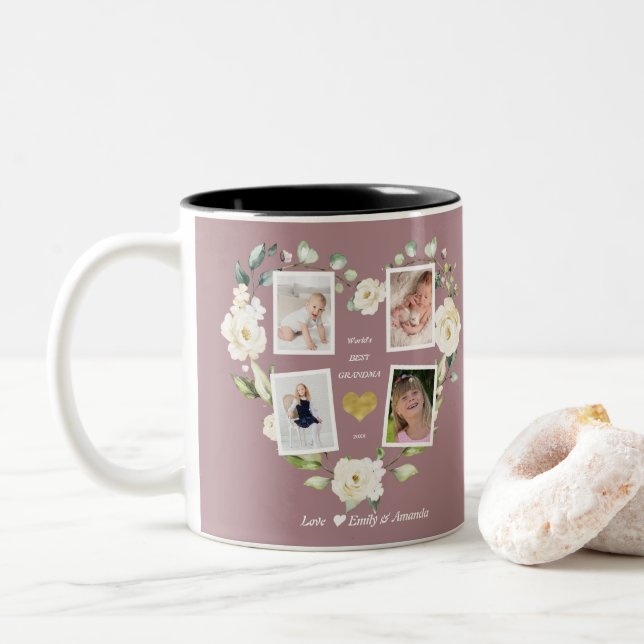 Floral World's Best Grandma Photo Mother's Day Two-Tone Coffee Mug (With Donut)
