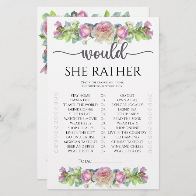 Floral Would she rather bridal shower game (Front/Back)