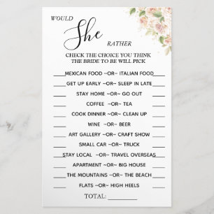 Floral Would She Rather shower game card 