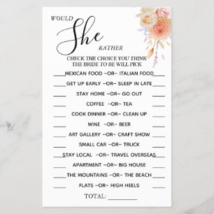 Floral Would She Rather shower game card