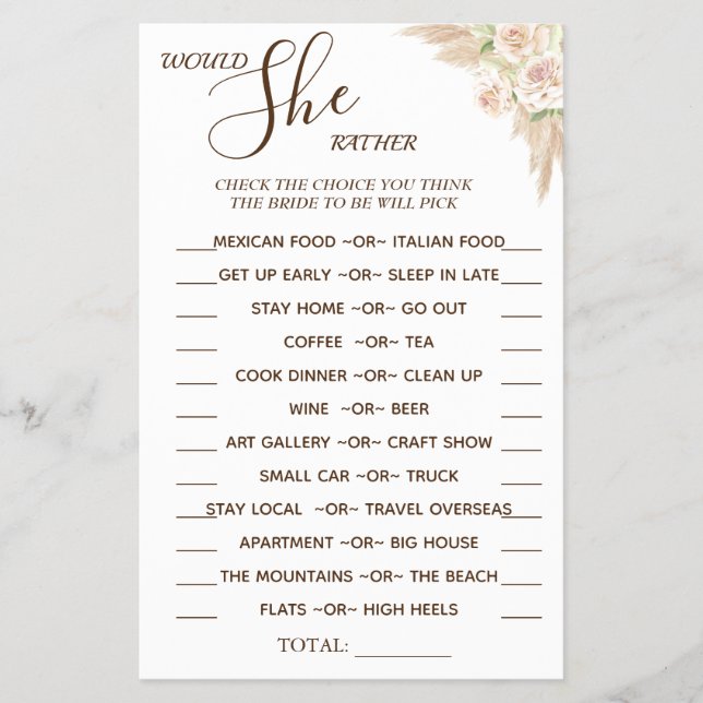Floral Would She Rather shower game card (Front)