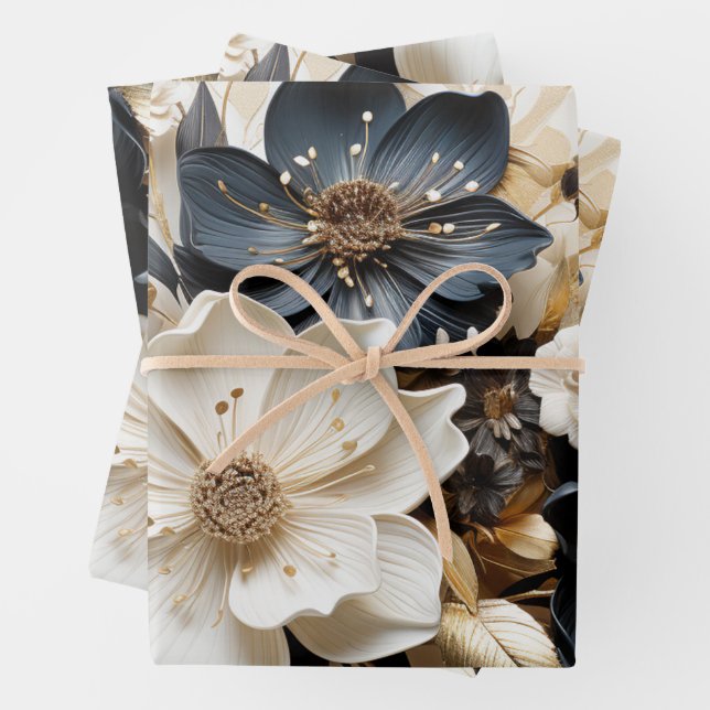 Floral Wrapping Paper Gold Blue White (In situ)