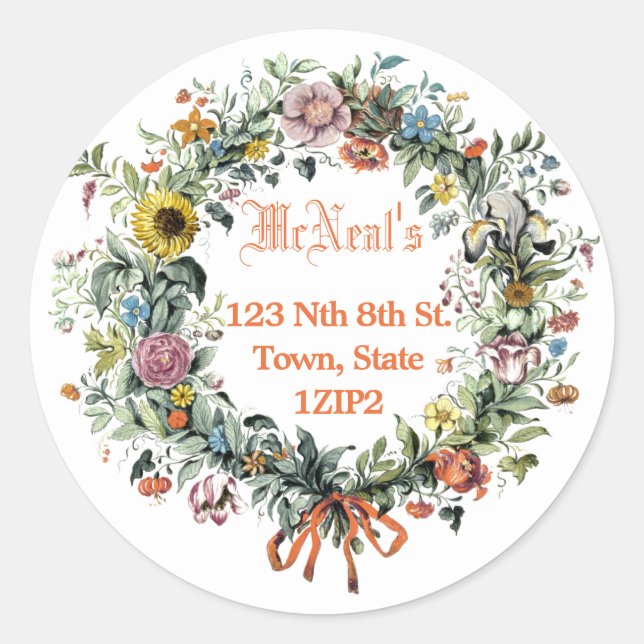 Floral Wreath Address Classic Round Sticker (Front)